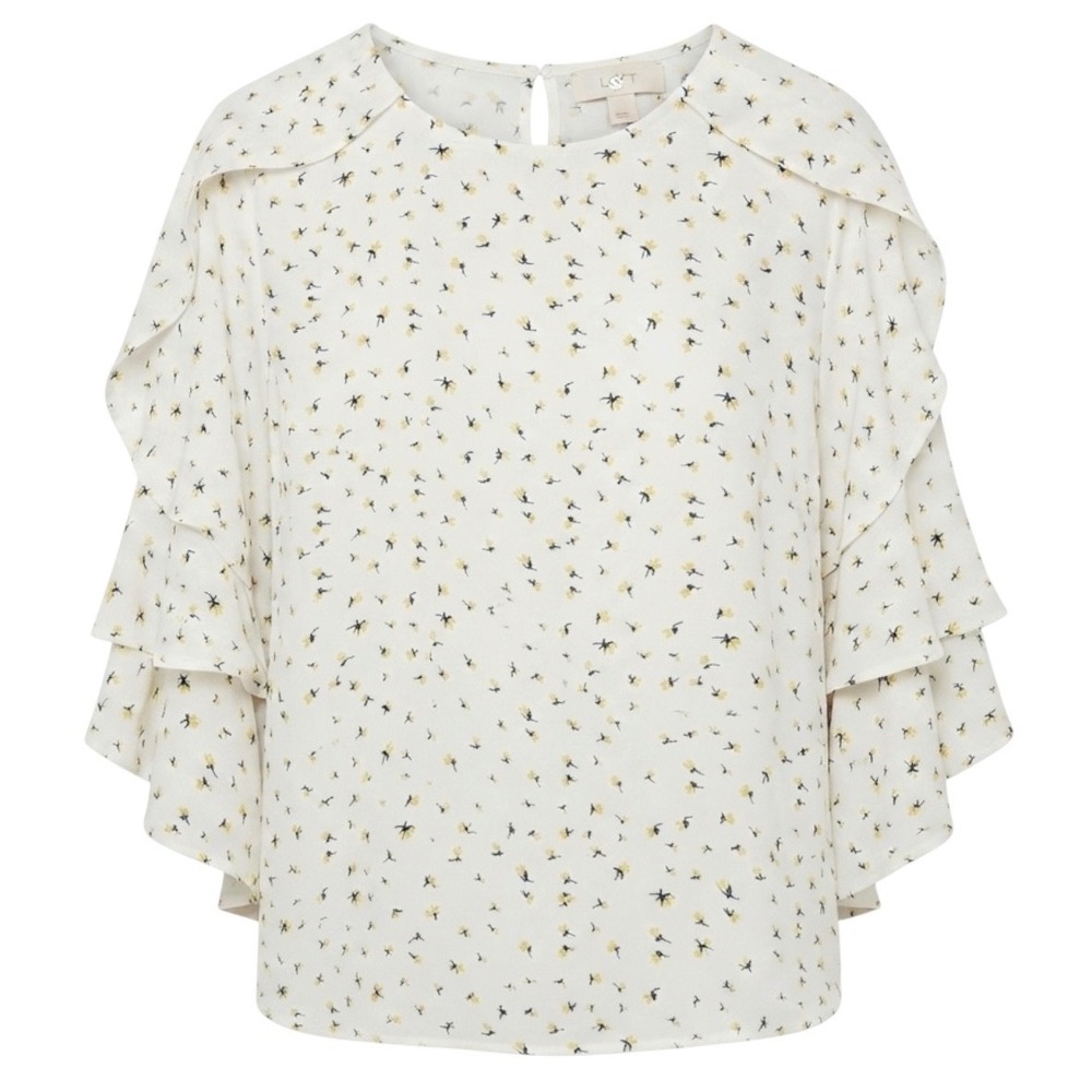 Loft Outlet Woman's Small White Floral Print Blouse Long Ruffled Sleeves